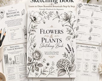 Può includere: Un libro di schizzi Flowers & Plants con copertina bianca e illustrazioni botaniche nere. Il libro è circondato da pagine didattiche intitolate Welcome to Botanical Sketching, Sketching Tools & Materials, Leaf Shapes Practice e How to Draw a Daisy, insieme a due matite nere.