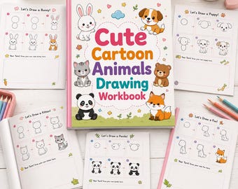 Può includere: Un quaderno di esercizi di disegno intitolato Cute Cartoon Animals Drawing Workbook con illustrazioni di un coniglio, cucciolo, gattino, panda, orso e volpe. Il set include diverse pagine didattiche con guide passo dopo passo per disegnare.
