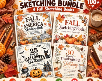 Può includere: Un set di quattro libri da disegno a tema autunnale: Fall in America Sketching Book, Fall Sketching Book, 25 Days of Halloween Sketching e 30 Days of Thanksgiving Sketching, decorati con illustrazioni di zucche e foglie autunnali.
