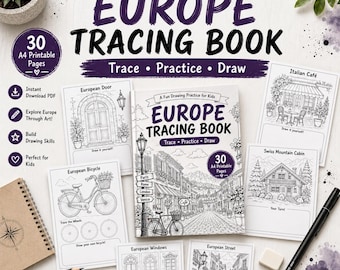 May include: A digital drawing practice book titled Europe Tracing Book with 30 A4 printable pages. The cover features a European street scene with a bicycle and city names. Surrounding pages show line art of a door, bicycle, cabin, and windows.