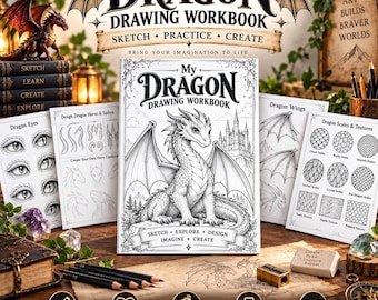 Può includere: Un quaderno di esercizi per disegnare draghi con un'illustrazione centrale di un drago sulla copertina, circondato da pagine didattiche che mostrano occhi, corna, punte, ali e squame di drago. Include il testo My Dragon Drawing Workbook.