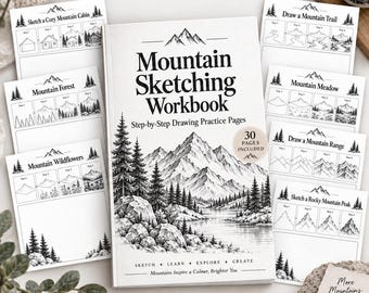 Può includere: Un quaderno di esercizi di disegno di montagna bianco con testo nero e un'illustrazione dettagliata di un paesaggio montano. La copertina presenta il titolo, 30 pagine incluse e pagine di pratica di disegno passo dopo passo. Diversi fogli di pratica individuali sono disposti attorno al quaderno centrale, accompagnati da una matita di legno.