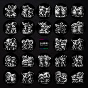 May include: A collection of black and white illustrations of various animals, including zebras, wolves, kittens, owls, puppies, deer, giraffes, lemurs, elephants, koalas, mice, rabbits, monkeys, squirrels, leopards, lions, horses, hedgehogs, and pandas. The text "ILLUSION SlateStudio" is also present.