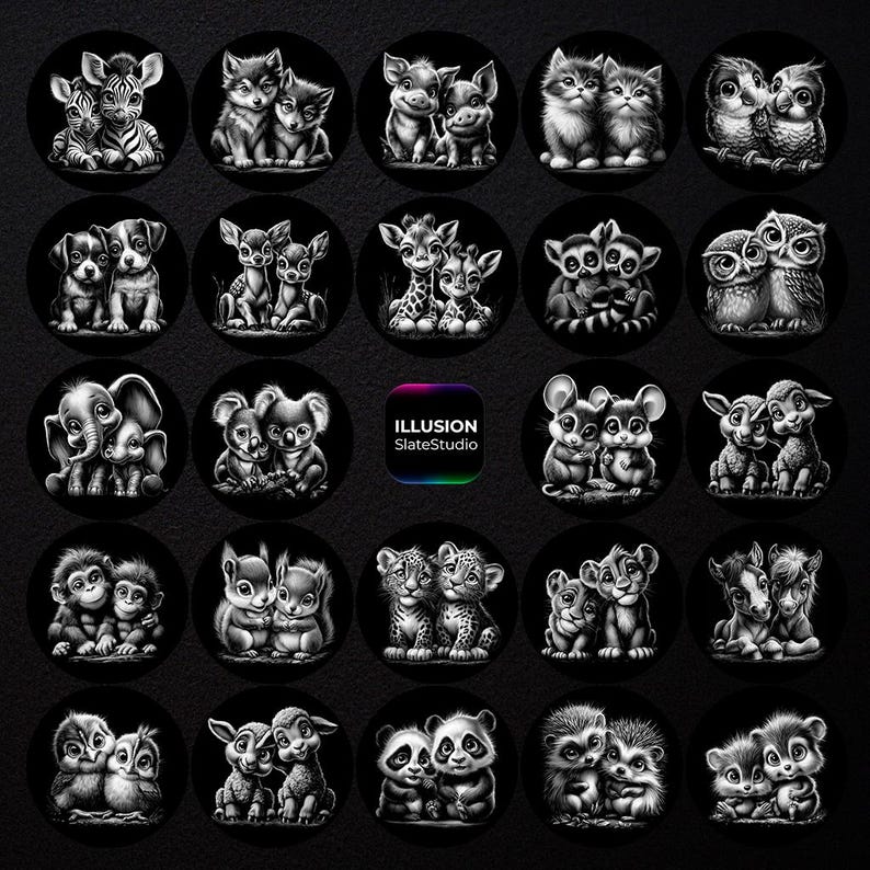 May include: A collection of black and white illustrations of various animals, including zebras, wolves, kittens, owls, puppies, deer, giraffes, lemurs, elephants, koalas, mice, rabbits, monkeys, squirrels, leopards, lions, horses, hedgehogs, and pandas. The text "ILLUSION SlateStudio" is also present.