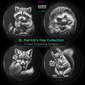 St Patrick’s Day Cute Animals with Clover Slate Coasters Engraving Files PNG, Laser Slate Engraving Files, Slate Coaster Template