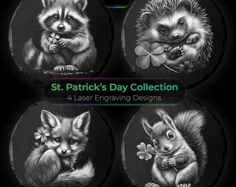 St Patrick's Day niedliche Tiere mit Klee Schiefer Untersetzer Gravur Dateien PNG, Laser Schiefer Gravur Dateien, Schiefer Untersetzer Vorlage