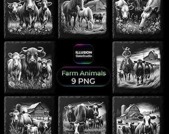 Bauernhof Tiere Gravur Set, 3D Illusion Kühe Barn Schiefer Untersetzer (Digitaler Download)