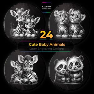 May include: A collection of four slate coasters featuring laser-engraved images of cute baby animals. The designs include giraffes, leopards, zebras, and pandas. The text "24 Cute Baby Animals Laser Engraving Designs" is also visible.