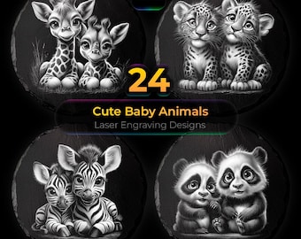 Niedliche Baby-Tiere, Gravurset, Schieferuntersetzer Gravurdateien PNG, Laser Schiefer Gravurdateien, Schiefer Untersetzer Vorlage Gravurdesign