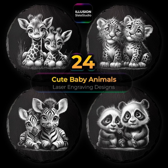 Cute Baby Animals, Engraving Set, Slate Coasters Engraving Files PNG, Laser Slate Engraving Files, Slate Coaster Template Engraving Design