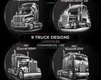 LKW-Schieferuntersetzer-Gravurdateien - 9 Designs bündeln - Glowforge PNG - Kommerzielle Nutzung - Mannhöhle-Designs