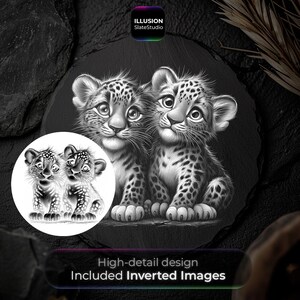 May include: Black and white illustration of two leopard cubs with detailed spots and expressive eyes. The image includes a smaller, inverted image of the cubs and text that reads "High-detail design Included Inverted Images."