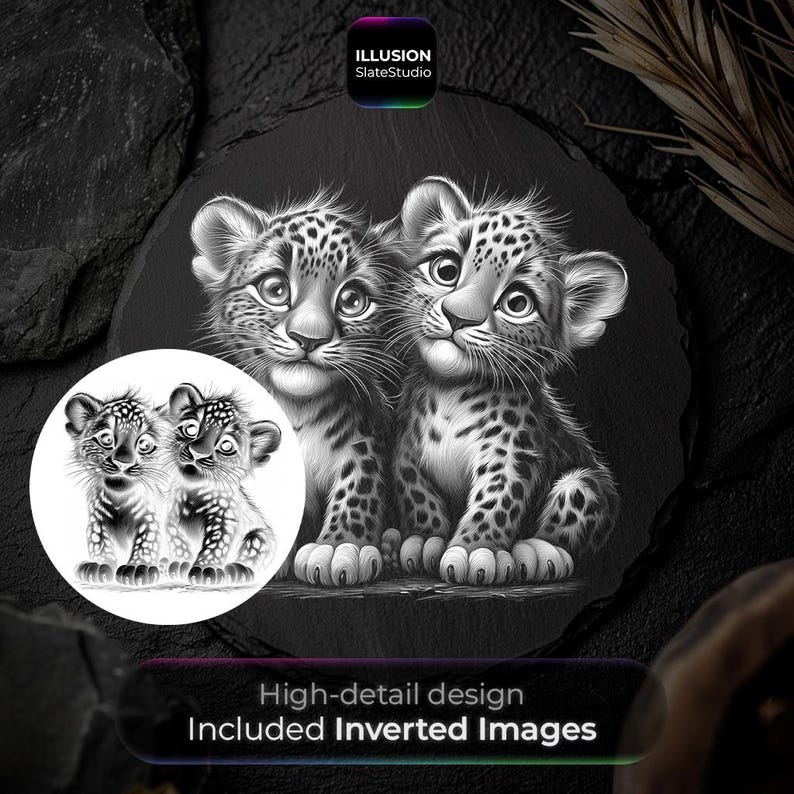 May include: Black and white illustration of two leopard cubs with detailed spots and expressive eyes. The image includes a smaller, inverted image of the cubs and text that reads "High-detail design Included Inverted Images."