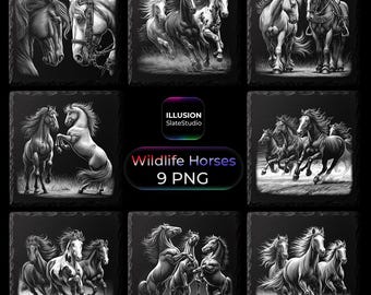 Wildtiere Pferde Schieferuntersetzer Gravurdateien, 3D Illusion PNG Design (Digitaler Download)