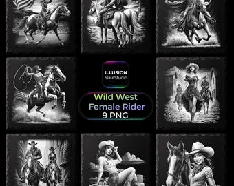 Wilde Westen Cowgirl Lasergravur Dateien, weibliche Reiter Schiefer Untersetzer Glowforge PNG kommerzielle Nutzung
