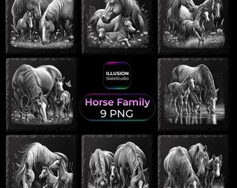 Pferdefamilie Schieferuntersetzer Gravur PNG Set, 3D Illusion Wildlife Art (Digitaler Download)