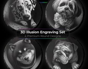 3d Illusion Hunde Schieferuntersetzer Gravurdateien PNG, Hunde gravierte Schieferuntersetzer Designs (Digitaler Download)