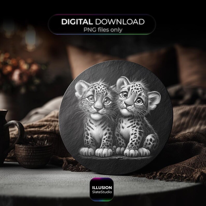 May include: A black and white illustration of two leopard cubs on a round slate coaster. The coaster has the text "DIGITAL DOWNLOAD PNG files only" and the Illusion SlateStudio logo.