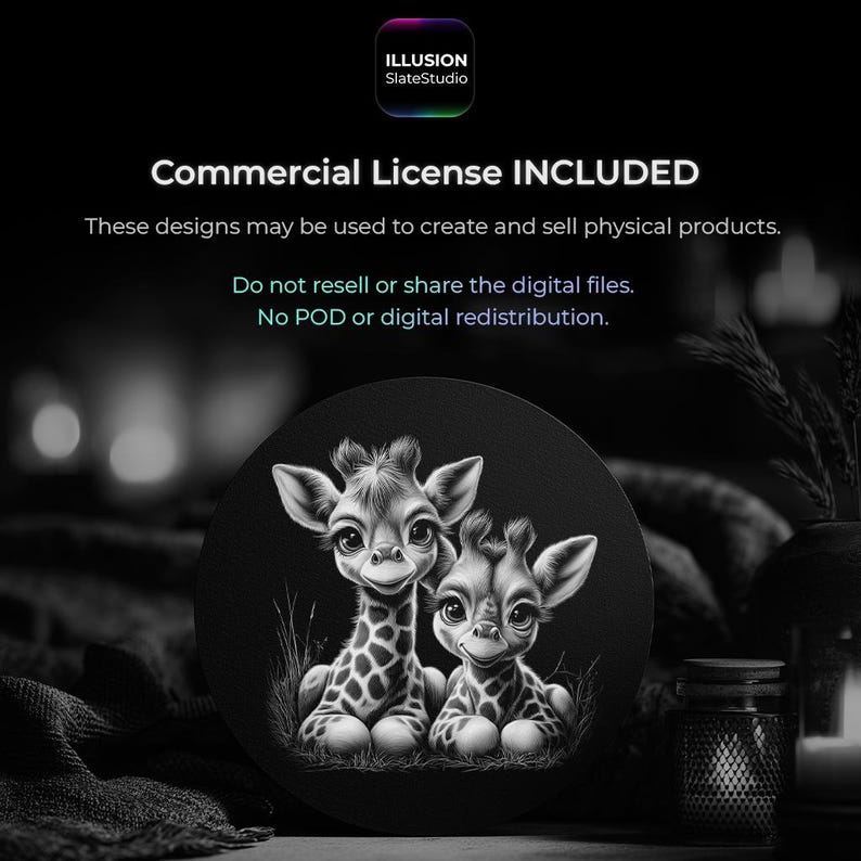 May include: Black and white illustration of two adorable giraffes on a round coaster. The giraffes have spots and are sitting in grass. The text "Commercial License INCLUDED" is at the top.
