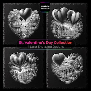 Set de grabado de paisajes urbanos románticos y globos de corazón para San Valentín, diseño de posavasos de pizarra con forma de corazón, archivos de grabado láser, carta de amor vintage