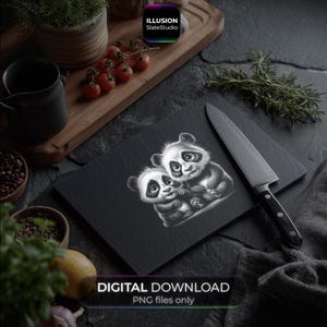 May include: Black rectangular slate cutting board with a detailed illustration of two pandas. A large chef's knife rests on a smaller slate board. The words "DIGITAL DOWNLOAD" and "PNG files only" are printed on the bottom of the image.