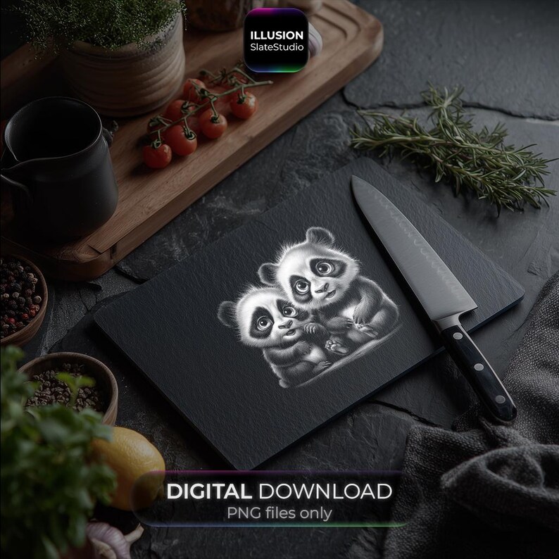 May include: Black rectangular slate cutting board with a detailed illustration of two pandas. A large chef's knife rests on a smaller slate board. The words "DIGITAL DOWNLOAD" and "PNG files only" are printed on the bottom of the image.