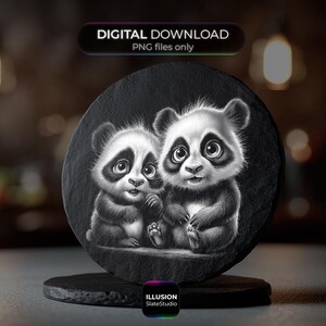 May include: Black and white panda bear design on a round slate coaster. The coaster features two adorable pandas with detailed fur and expressive eyes. The text "DIGITAL DOWNLOAD PNG files only" is at the top. The Illusion SlateStudio logo is at the bottom.