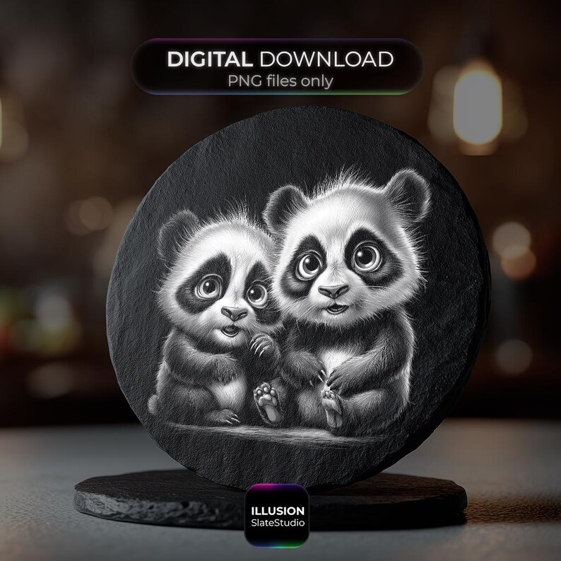 May include: Black and white panda bear design on a round slate coaster. The coaster features two adorable pandas with detailed fur and expressive eyes. The text "DIGITAL DOWNLOAD PNG files only" is at the top. The Illusion SlateStudio logo is at the bottom.