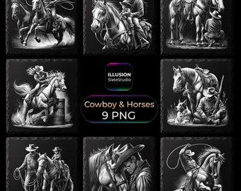 Western Cowboy & Pferde Schieferuntersetzer Gravurdateien - 9 Western Designs - Glowforge PNG - Kommerzielle Nutzung
