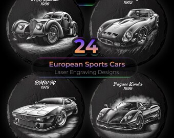 Europäische Sportwagen Schieferachterbahn Gravurdateien - Supercar Laser Design Bundle - Glowforge PNG - Kommerzielle Nutzung