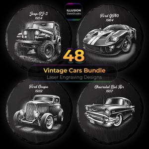 Retro & Classic Cars  Laser Engraving PNG Bundle Vintage American Cars Slate Coasters Designs Digital Download Slate Coaster Car Files