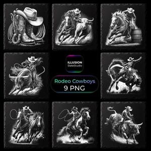 May include: A collection of nine black and white rodeo-themed PNG images. The images depict cowboys riding bulls and horses, along with a cowboy hat, boots, and rope. The text "Rodeo Cowboys 9 PNG" is also present.