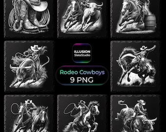 Western Rodeo Cowboy Schieferuntersetzer Gravurdateien - 9 Western Designs - Glowforge PNG - Kommerzielle Nutzung