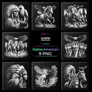 Puede incluir: Nueve imágenes en blanco y negro con temática nativa americana. Las imágenes incluyen representaciones de águilas, caballos, lobos y figuras nativas americanas. También está presente el texto "Native American 9 PNG".