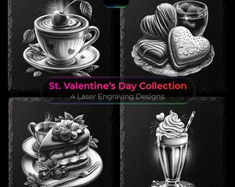 Valentinstag Dessert & Milchshake Gravurset, Herz Schiefer Untersetzer Gravur, Lasergravur PNG, Kaffeegravur Design
