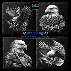 May include: Four black slate coasters with laser-engraved eagle designs. The coasters feature detailed illustrations of eagles with military themes, including the American flag and weaponry. The text "Military Eagles" and "4 Laser Engraving Designs" is also visible.