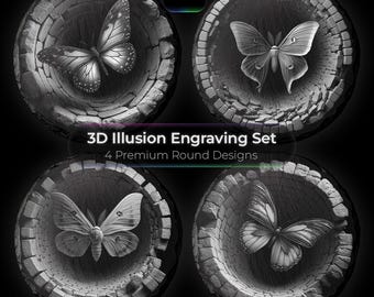 Butterfly Slate Coaster Engraving Files – 3D Illusion PNG Bundle – Glowforge Ready – Commercial Use Laser Design for Coasters