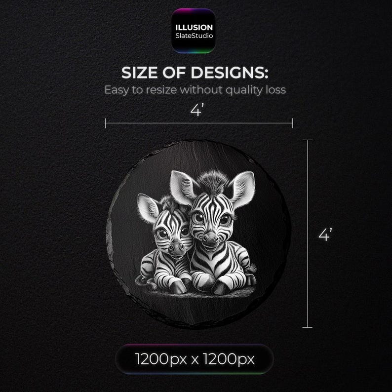 May include: Black and white illustration of two baby zebras on a round slate. The zebras are sitting close together. The slate is 4 feet in diameter. The image includes the text "ILLUSION SlateStudio" and "SIZE OF DESIGNS: Easy to resize without quality loss."