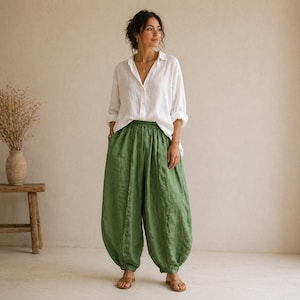 Harembroek van linnenmix – bohobroek met wijde pijpen – oversized elastische taille, Albanese stijl