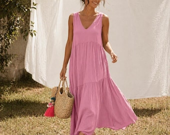 Boho Tiered Maxi Dress – Cotton Blend Summer Sundress, Casual Beach Wear