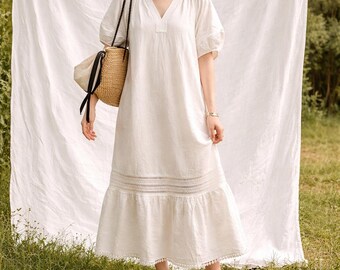 White Linen Midi Dress – Boho Puff Sleeve Minimalist Summer Outfit