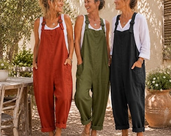 Linen-Look Dungaree Jumpsuit – Boho Wide Leg Overalls, Adjustable Straps, Plus Size Romper