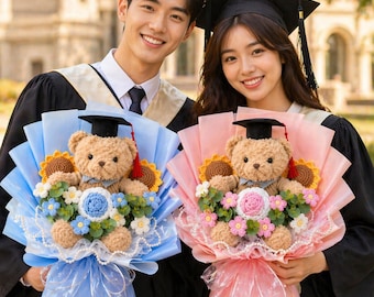 Ramo de flores de graduación tejido a crochet con osito de peluche graduado – Regalo de recuerdo para la promoción de 2026