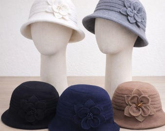 Vintage Style Wool Bucket Cloche Hat: 1920s Winter Fedora with Sequin Flower