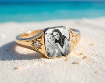 Anillo con sello fotográfico personalizado • Anillo con piedra de nacimiento para pareja • Joyería con imagen personalizada