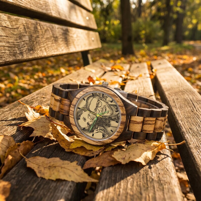 May include: A wristwatch with a round wooden case and a link bracelet featuring alternating dark and light brown wood segments. The watch face displays a black and white engraved portrait of two people with bright green hour, minute, and second hands.