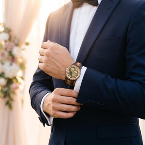 May include: A wooden wristwatch featuring a custom engraved portrait of two people on the watch face, worn with a dark navy blue suit jacket, a crisp white dress shirt, and a dark bow tie, showcasing a detailed wood grain texture on the band.