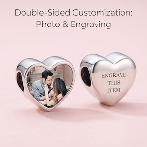 Perle photo personnalisée, Pendentif breloque cœur gravé pour bracelet, Bijoux personnalisés plaqués argent