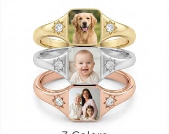 Anillo de sello personalizado con foto / Memorial para mascotas, retrato familiar, detalle de piedra de nacimiento