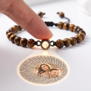 Photo Bracelet Bead, Custom Projection Charm with Tiger Eye Adjustable 10.2-Inch Rope